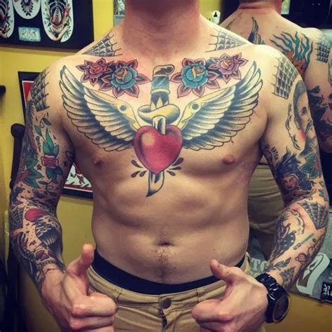 black mens chest tattoos|american traditional chest tattoo.